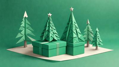 The primary subject of the image is a set of three green paper Christmas trees. The trees are placed on a green surface, which could be a table or a wall. The visual style of the image is a combination of digital art and illustration, creating a festive and holiday-themed scene. The colors and mood of the image are predominantly green, which is associated with the Christmas season and the holiday spirit.